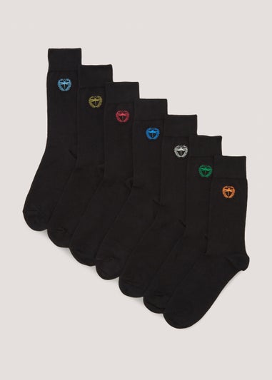 7 Pack Black Dragonfly Embroidery Ankle Socks