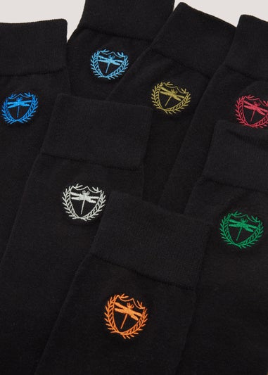 7 Pack Black Dragonfly Embroidery Ankle Socks
