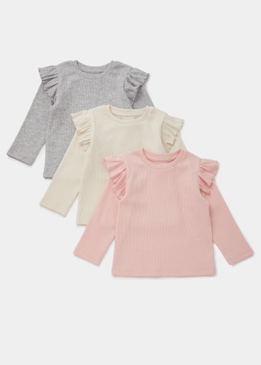 Girls 3 Pack Ribbed Long Sleeve T-Shirts (9mths-6yrs)