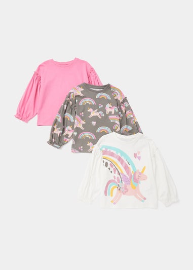 Girls 3 Pack Plain & Unicorn Print T-Shirts (9mths-6yrs)