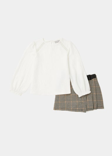 Girls Brown Check Skort & Blouse Set (4-15yrs)