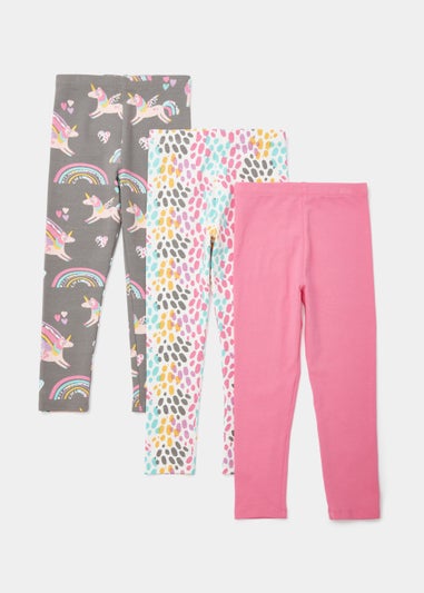 Girls 3 Pack Plain & Print Leggings (9mths-6yrs)