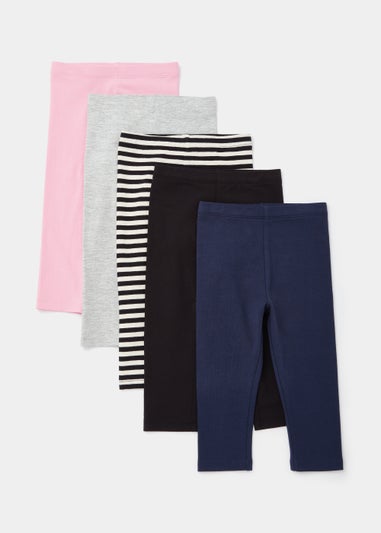 Girls 5 Pack Plain & Stripe Leggings (9mths-6yrs)