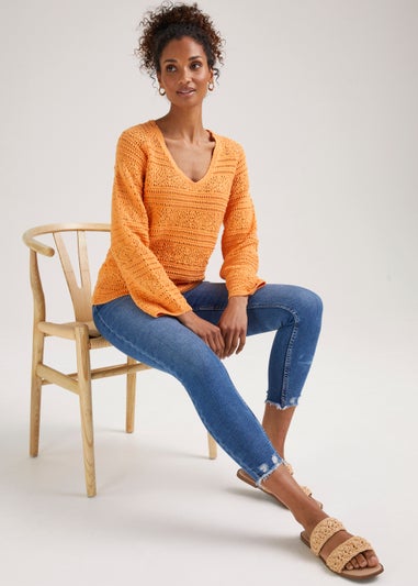 Orange V-Neck Pointelle Top