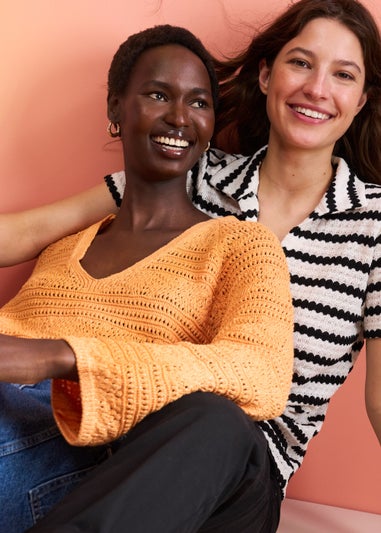 Orange V-Neck Pointelle Top