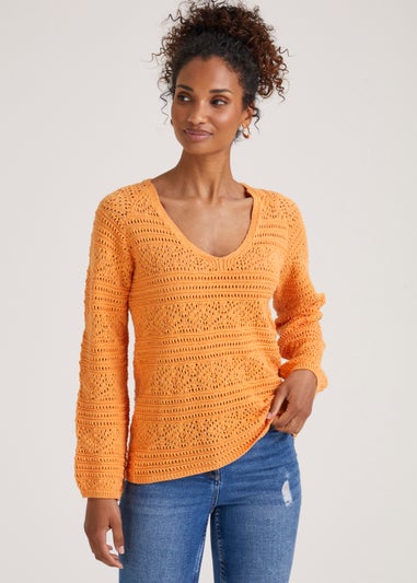 Orange V-Neck Pointelle Top