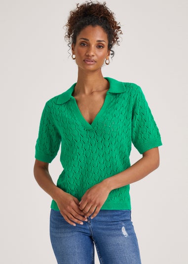 Green Collar V Neck Pointelle T-Shirt