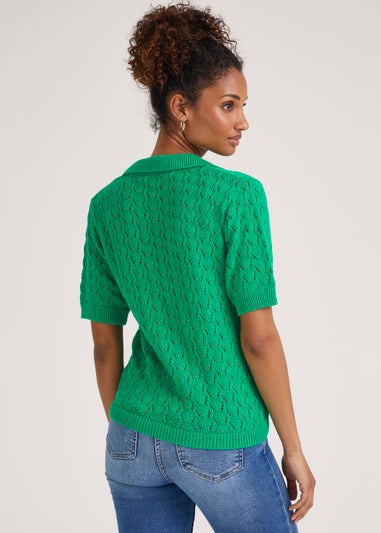 Green Collar V Neck Pointelle T-Shirt