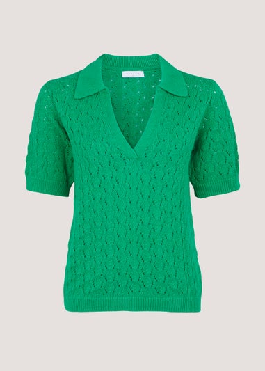 Green Collar V Neck Pointelle T-Shirt