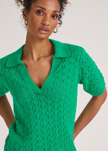 Green Collar V Neck Pointelle T-Shirt