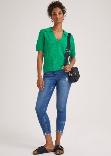 Green Collar V Neck Pointelle T-Shirt