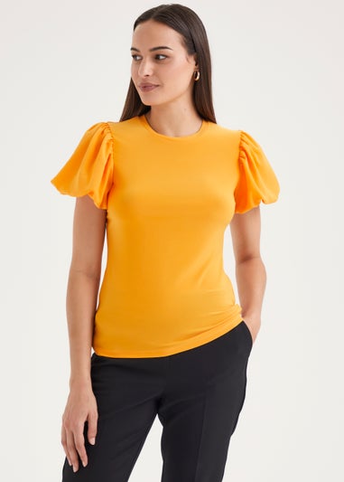 Et Vous Orange Puff Sleeve Woven Top