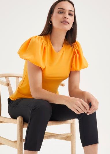 Et Vous Orange Puff Sleeve Woven Top