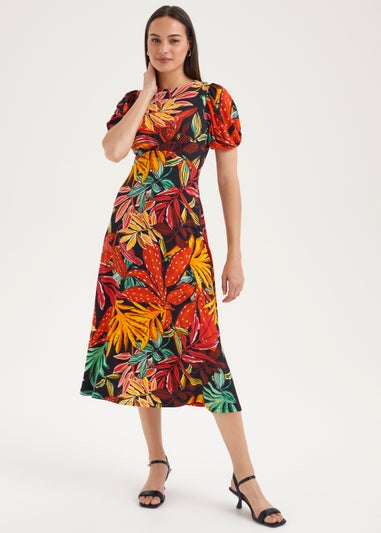 Et Vous Multicoloured Palm Print Midi Dress