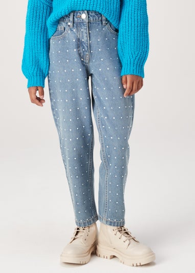 Girls Mid Wash Bling Mom Jeans (4-13yrs)
