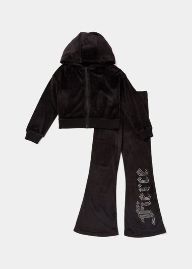 Girls Black Fierce Embroidered Velour Tracksuit (4-13yrs)