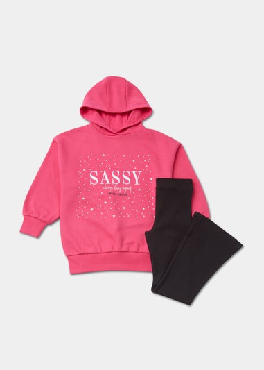 Girls Pink Sassy Hoodie & Black Flared Leggings Set (4-13yrs)