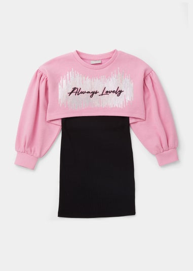 Girls Pink & Black Cropped Sequin Sweatshirt Dress (4-13yrs)