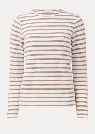 Beige Stripe Ribbed Log Sleeve T-Shirt