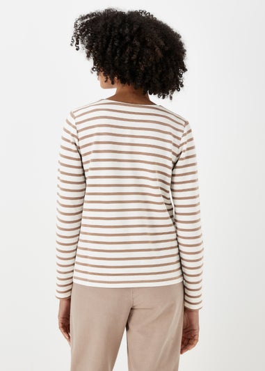 Beige Stripe Ribbed Log Sleeve T-Shirt