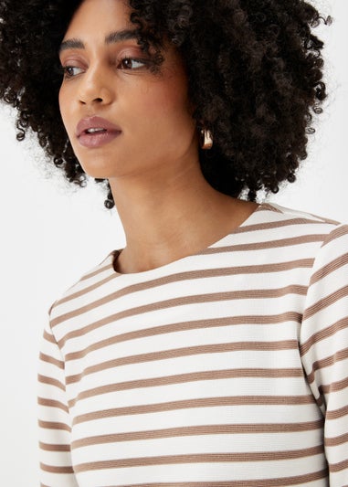 Beige Stripe Ribbed Log Sleeve T-Shirt