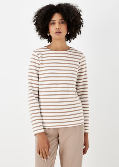 Beige Stripe Ribbed Log Sleeve T-Shirt