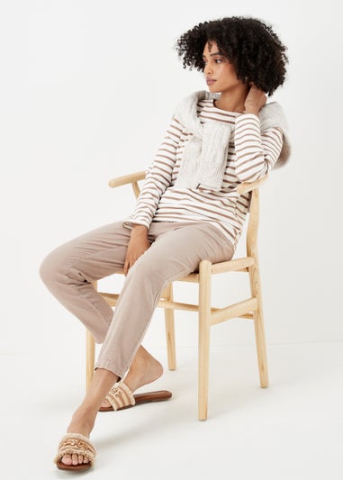 Beige Stripe Ribbed Log Sleeve T-Shirt