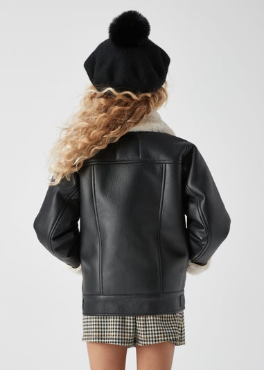 Girls Black PU Aviator Jacket (4-13yrs)