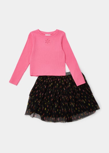 Girls Pink Top & Black Floral Ruffle Skirt Set (4-13yrs)