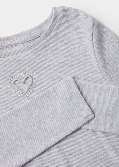 Girls Grey Marl Embroidered Cropped Ribbed Long Sleeve Top (4-13yrs)