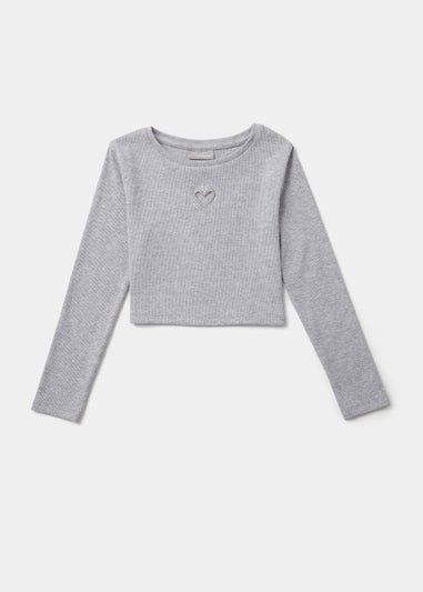 Girls Grey Marl Embroidered Cropped Ribbed Long Sleeve Top (4-13yrs)
