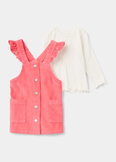 Girls White Ribbed Long Sleeve T-Shirt & Pink Pinafore Set (9mths-6yrs)