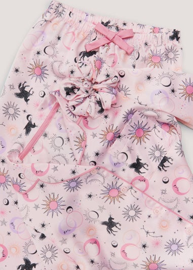 Girls Pink Celestial Print Satin Button Up Pyjama & Scrunchie Set (4-13yrs)