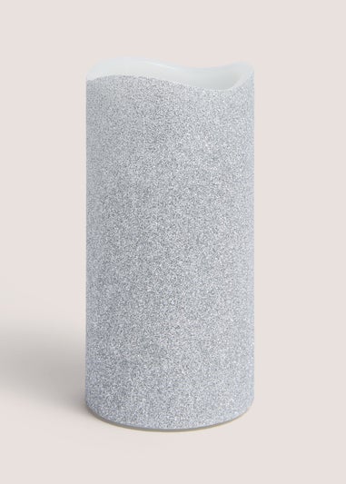 Small Silver Glitter LED Candle (15cm x 7.5cm)