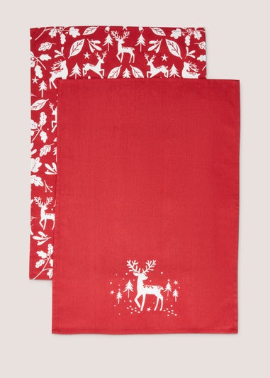 2 Pack Red Christmas Stag Tea Towels (65.5cm x 45cm)