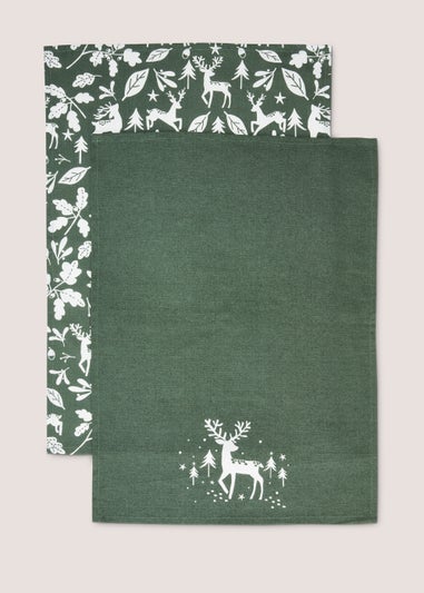 2 Pack Green Christmas Stag Tea Towels (65.5cm x 45cm)