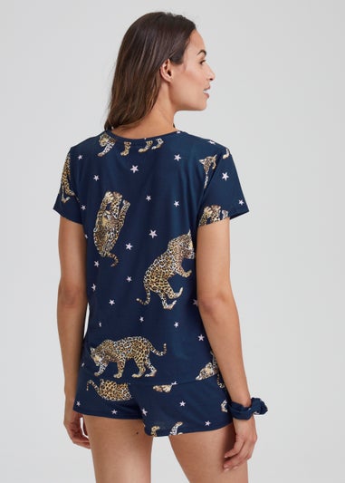 Navy Leopard Print Short Pyjama & Scrunchie Set