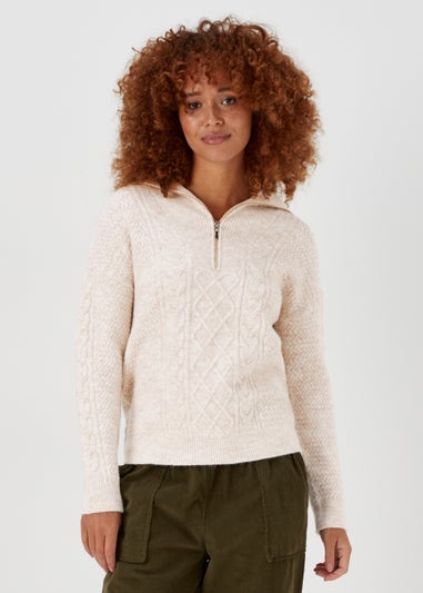 Beige Zip Neck Cable Knit Jumper