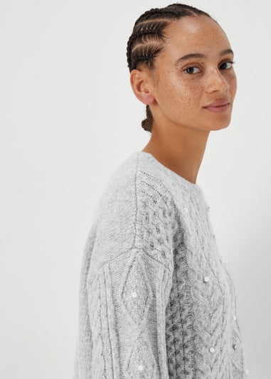 Grey Pearl Cable Knit Jumper