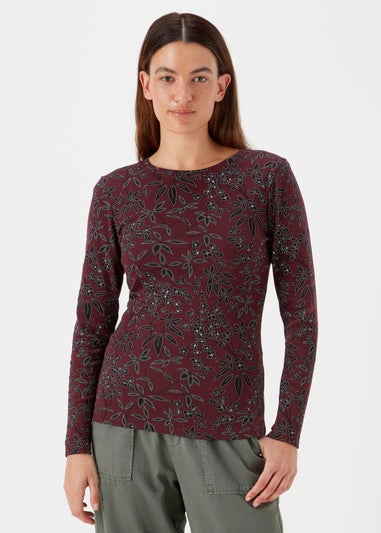 Burgundy Floral Print Long Sleeve T-Shirt