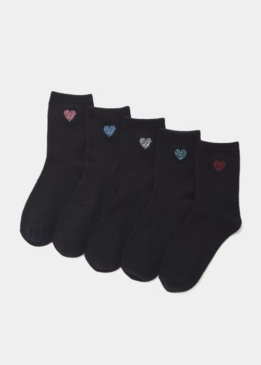 5 Pack Black Embroidered Heart Socks
