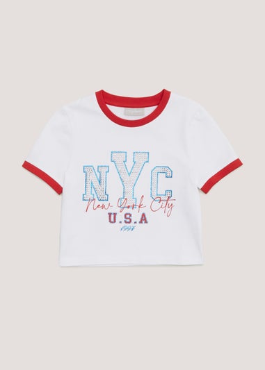 Girls White Short Sleeve Ringer T-Shirt (4-13yrs)