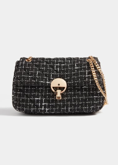 Black Quilted Chain Flap Tweed Bag