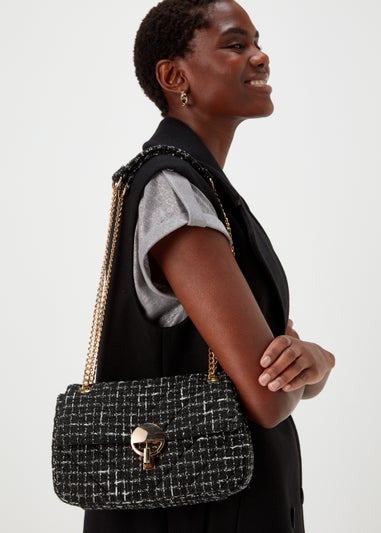 Black Quilted Chain Flap Tweed Bag