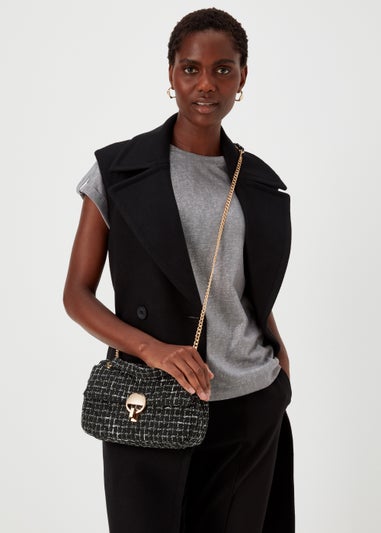 Black Quilted Chain Flap Tweed Bag