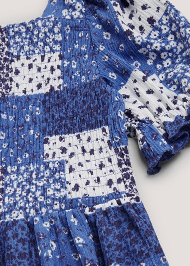 Girls Blue Floral Patchwork Crinkle Dress (4-13yrs)