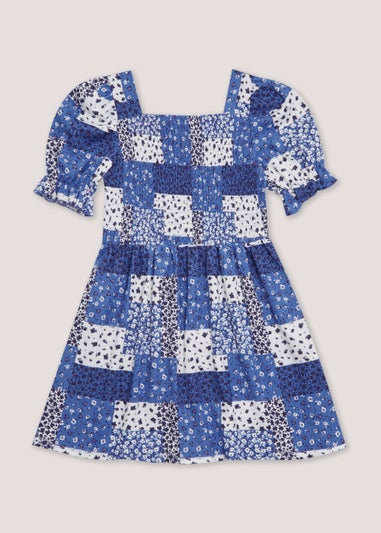 Girls Blue Floral Patchwork Crinkle Dress (4-13yrs)