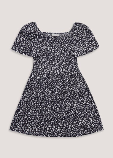 Girls Black & White Floral Print Crinkle Dress (4-13yrs)