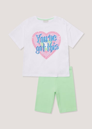 Girls White Print T-Shirt & Cycling Shorts Set (4-13yrs)