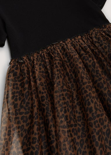 Girls Black Leopard Print Mesh Dress (4-13yrs)